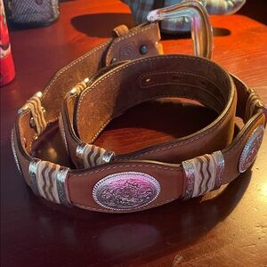 Tony Lama Leather Concho Belt with Silver Accents - Brown